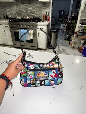 Betty Boop Multicolor Cartoon Panel Mini Shoulder Bag with Black Strap